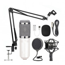 Микрофон студийный конденсаторный с пантографом, ветрозащитой и звуковой картой BM-800 Белый