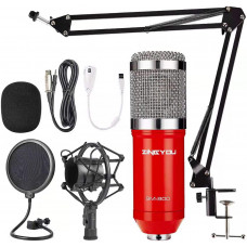 Микрофон студийный конденсаторный с пантографом, ветрозащитой и звуковой картой BM-800 Красный
