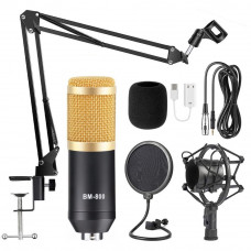 Микрофон студийный конденсаторный с пантографом, ветрозащитой и звуковой картой BM-800 Золотой